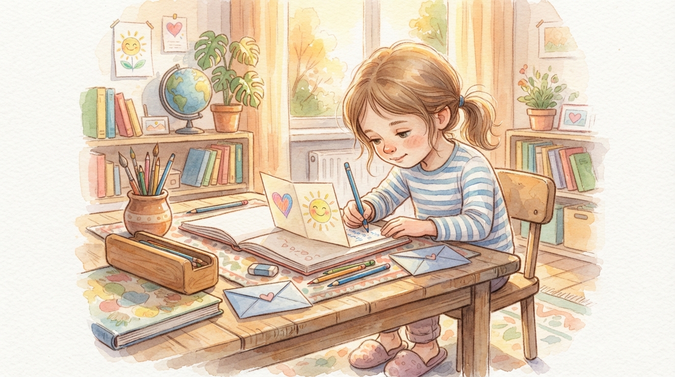 Une fillette assise à son bureau dessine et écrit une petite carte avec un cœur et un soleil souriant, entourée d'enveloppes décorées